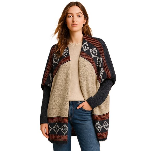 Debut Oversized Open Front Cardigan Nordic Geometric Knit Beige/Navy M/L – Cozy - Picture 1 of 12
